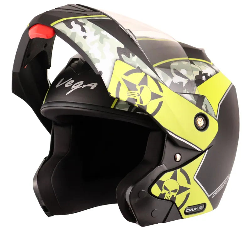 VEGA Crux Dx Camouflage Dull Black Neon Yellow Flip Up Helmet