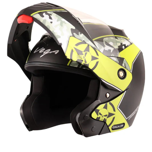 VEGA Crux Dx Camouflage Dull Black Neon Yellow Flip Up Helmet