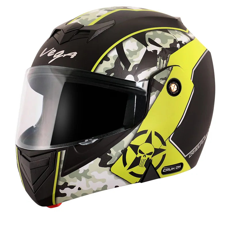 VEGA Crux Dx Camouflage Dull Black Neon Yellow Flip Up Helmet