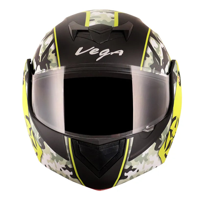 VEGA Crux Dx Camouflage Dull Black Neon Yellow Flip Up Helmet