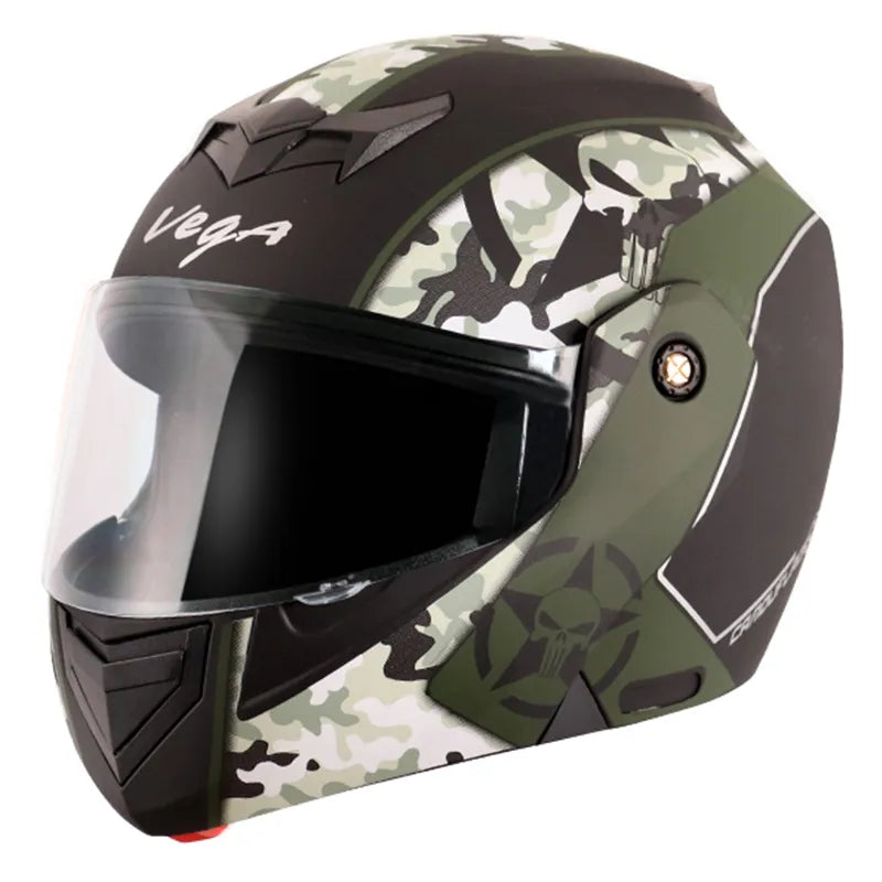 VEGA Crux Dx Camo Dull Black Battle Green Flip Up Helmet
