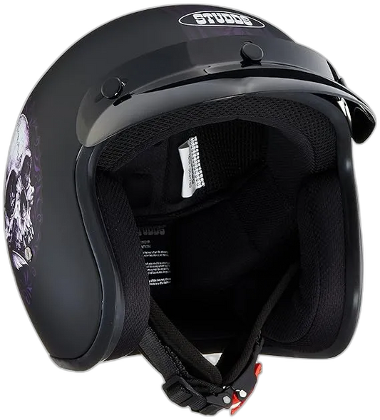 STUDDS Jetstar Classic D7 Floral Skull Matt Black Half Face Helmet