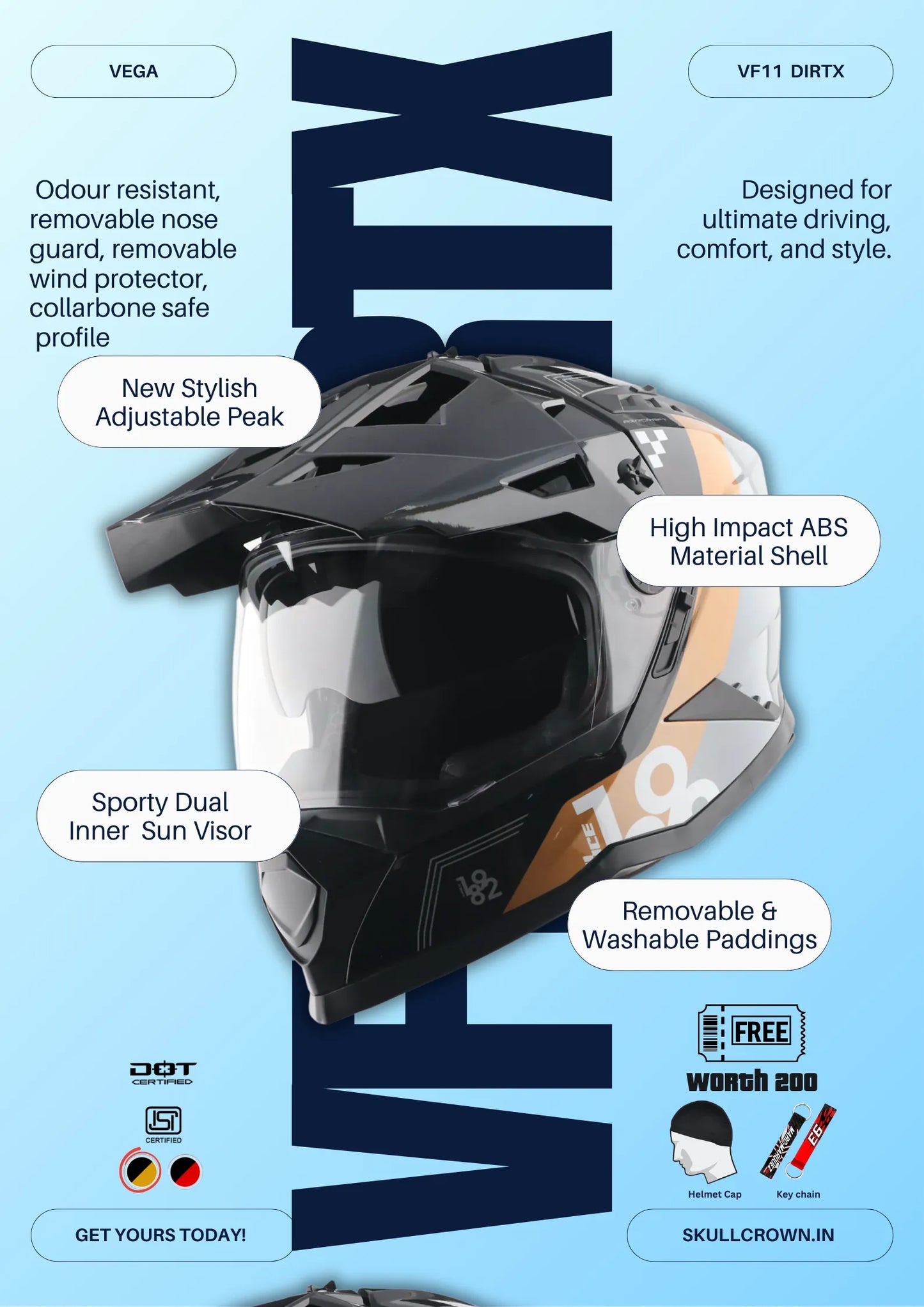 Vega Vf-11 Dirt-x Aircraft Black Gold Off Road Helmet