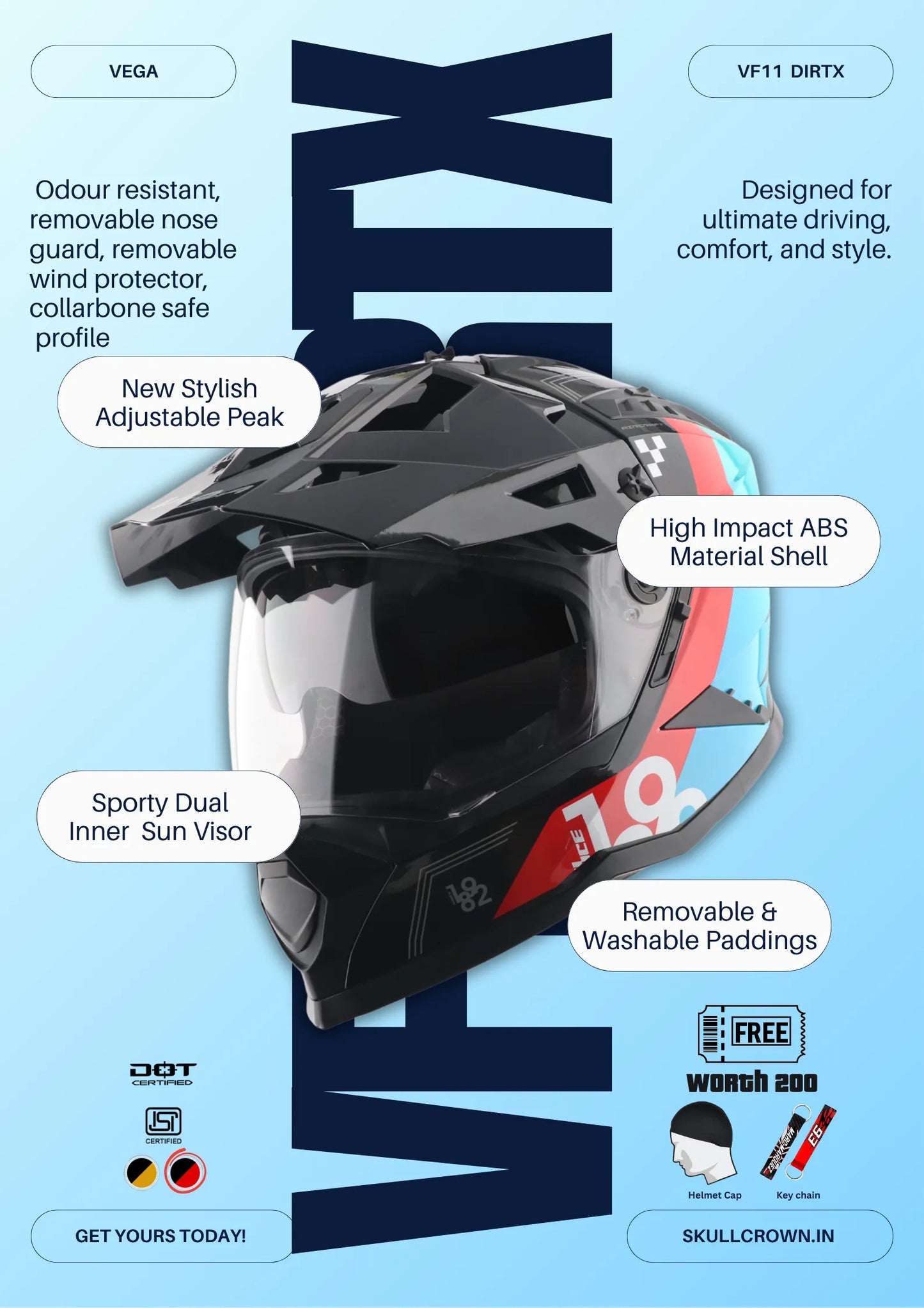 Vega VF-11 Dirt-X Aircraft Black Red Off Road Helmet