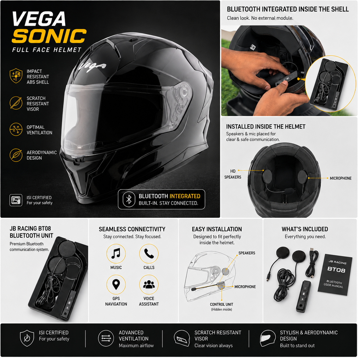 Vega Sonic + JB Racing BT08 Smart Helmet Combo — Black