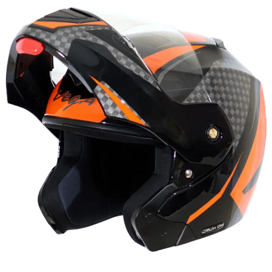 VEGA Crux Dx Dual Visor Checks Black Orange Flip Up Helmet