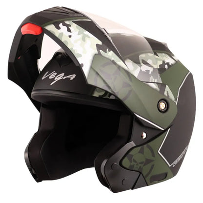 VEGA Crux Dx Camo Dull Black Battle Green Flip Up Helmet