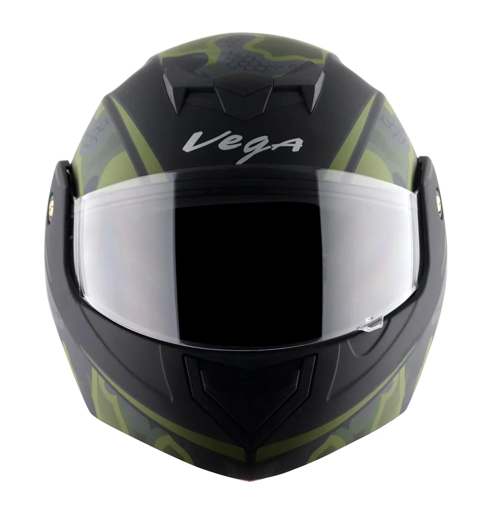 VEGA Crux Dx Fighter Black Battle Green Flip Up Helmet