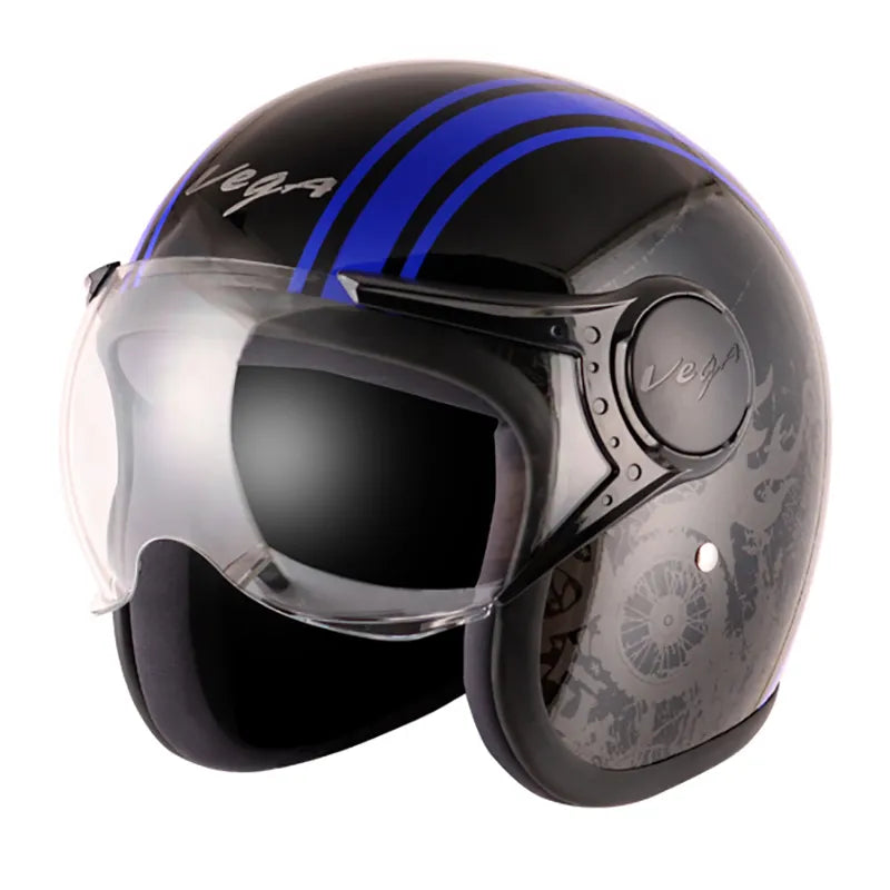 VEGA Jet Old School Black Blue Half Face Helmet