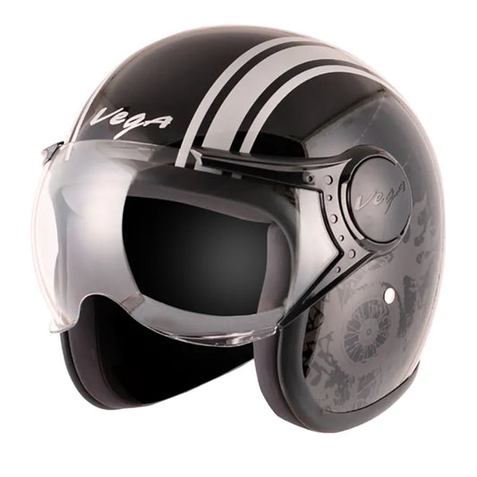 VEGA Jet Old School Black Silver Half Face Helmet