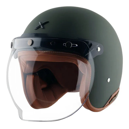 AXOR Retro Jet Leather Dull Battle Green Half Face Helmet