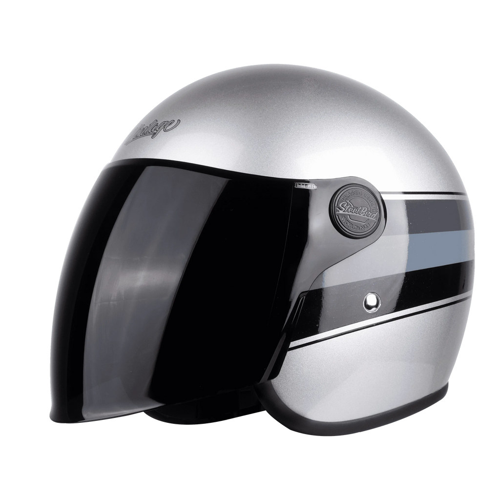 STEELBIRD Sbh 56 Vintage Silver Black Half Face Helmet