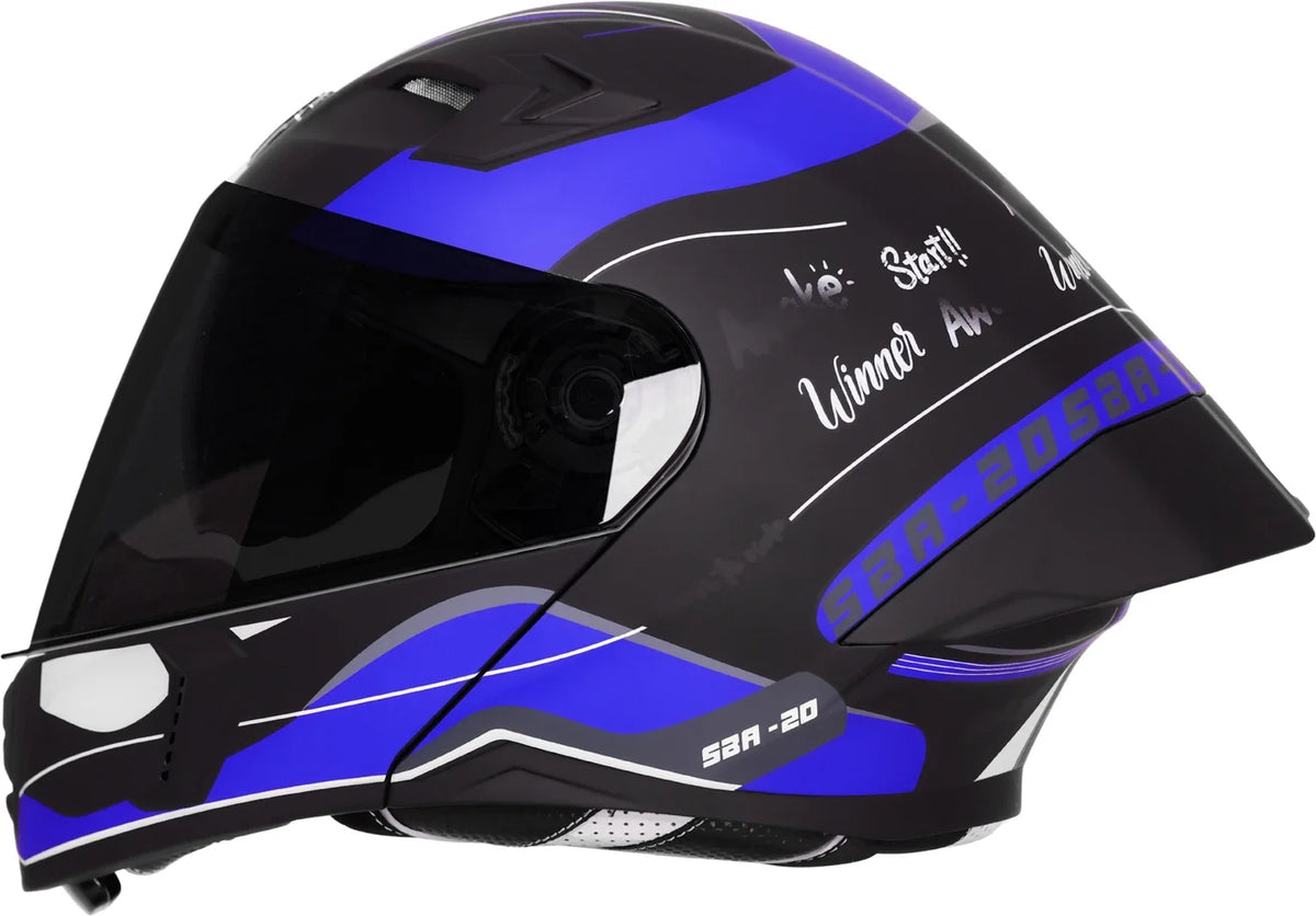 Steelbird Sba-20 Silver Born To Ride Black Blue Flip-Up Helmet
