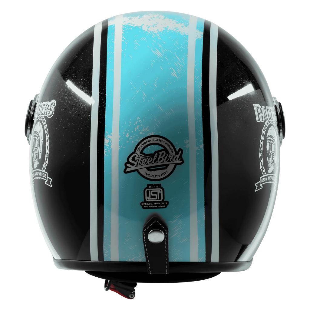 Steelbird Sbh 54 Vintage Racer Black Light Blue Half Face Helmet