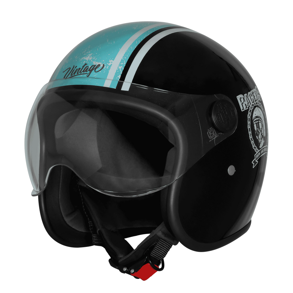 Steelbird Sbh 54 Vintage Racer Matt Black Light Blue Half Face Helmet