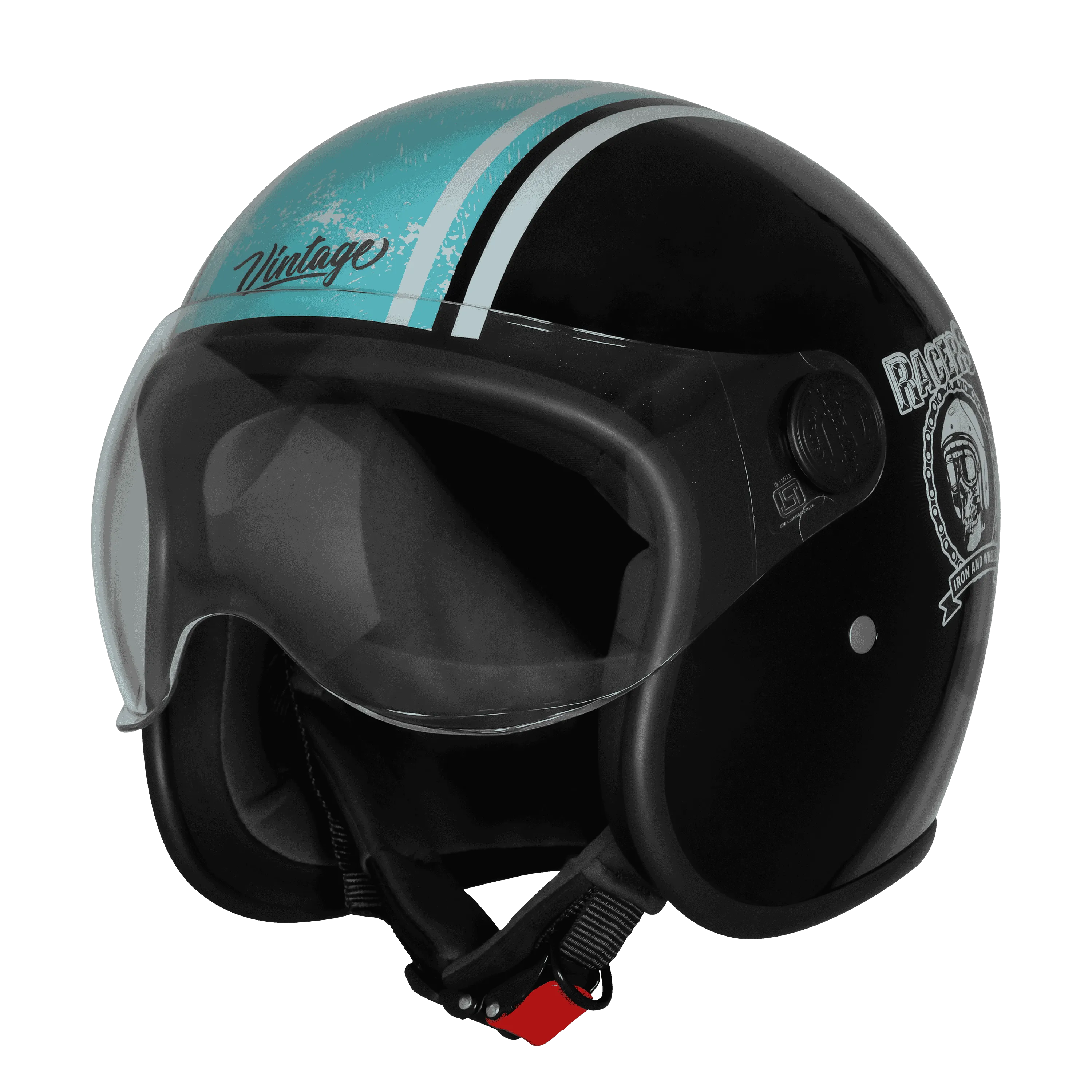 Steelbird Sbh 54 Vintage Racer Matt Black Light Blue Half Face Helmet