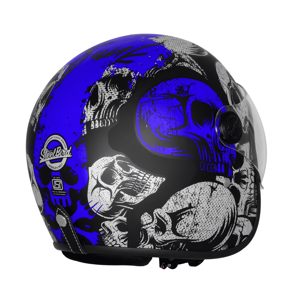 Steelbird Sbh 54 Vintage Skull Black Turquoise Half Face Helmet