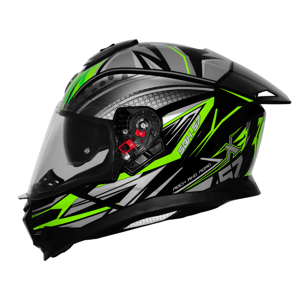 Steelbird Sbh 57 Fighter F12 Glossy Black With Fluo Green Grey Full Face Helmet