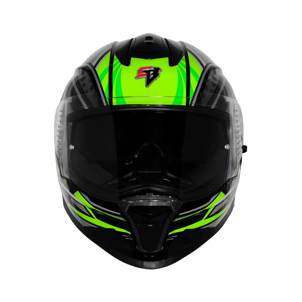 Steelbird Sbh 57 Fighter F12 Glossy Black With Fluo Green Grey Full Face Helmet
