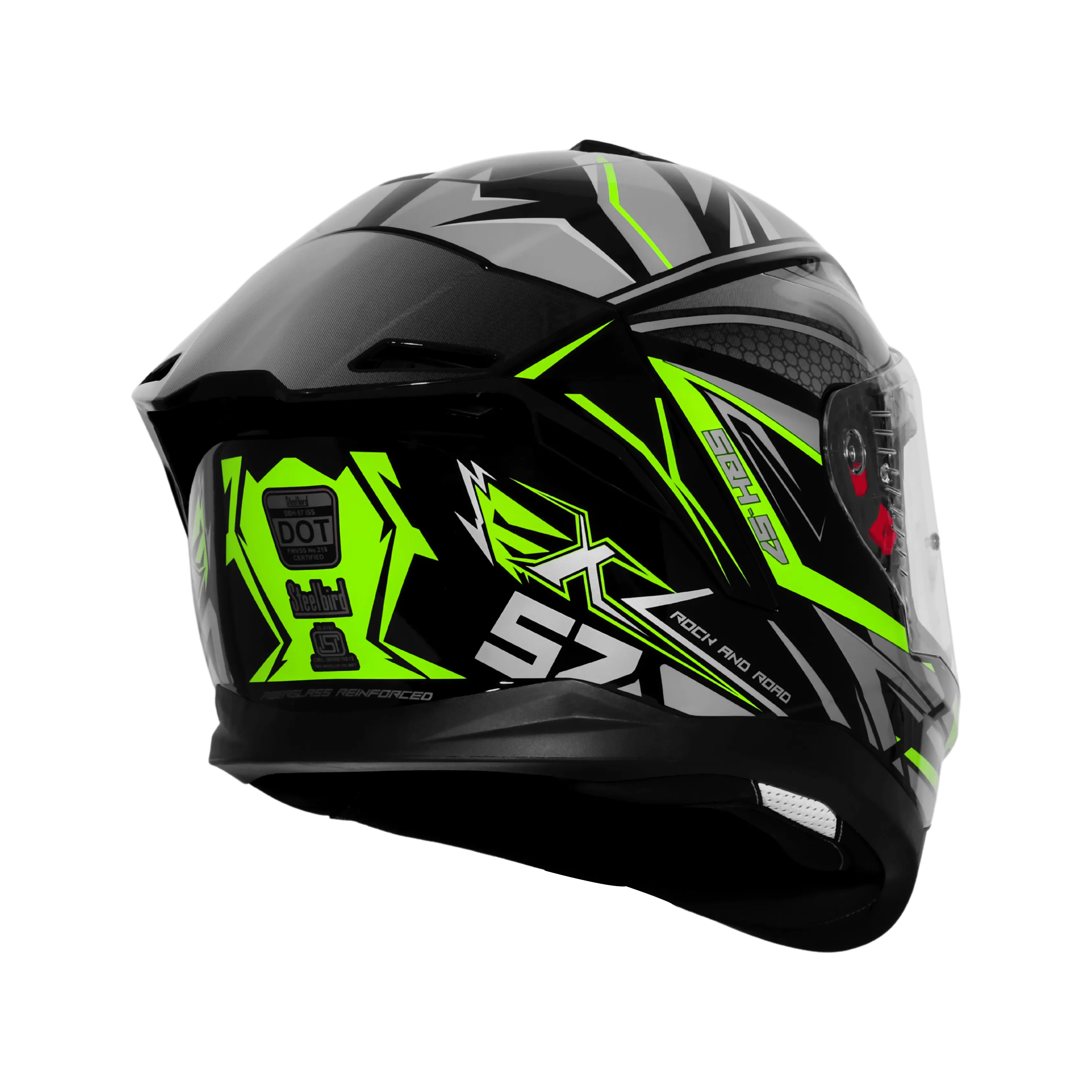 Steelbird Sbh 57 Fighter F12 Glossy Black With Fluo Green Grey Full Face Helmet
