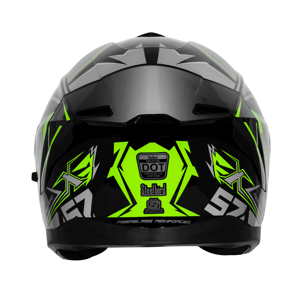 Steelbird Sbh 57 Fighter F12 Glossy Black With Fluo Green Grey Full Face Helmet