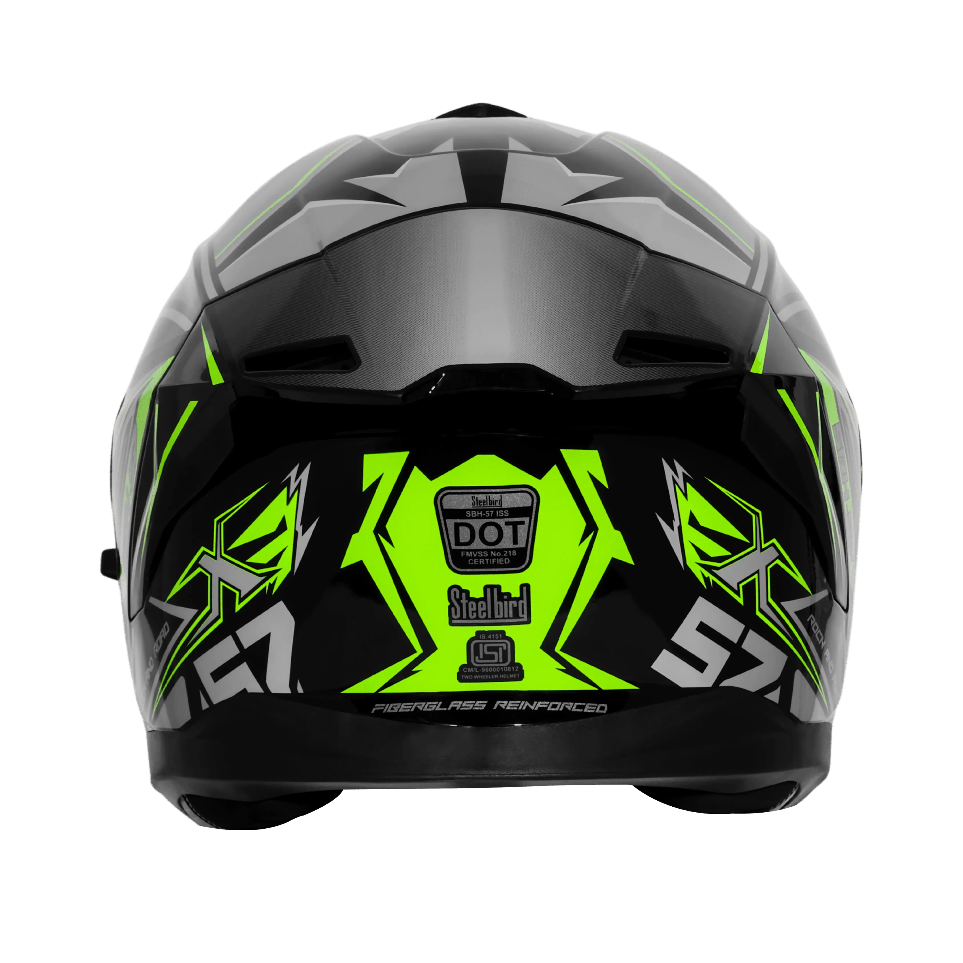 Steelbird Sbh 57 Fighter F12 Glossy Black With Fluo Green Grey Full Face Helmet