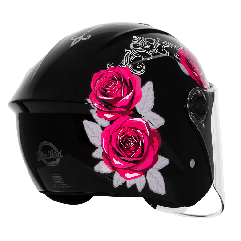 Steelbird Sbh 80 Fr1 Black Pink Rose Half Face Helmet