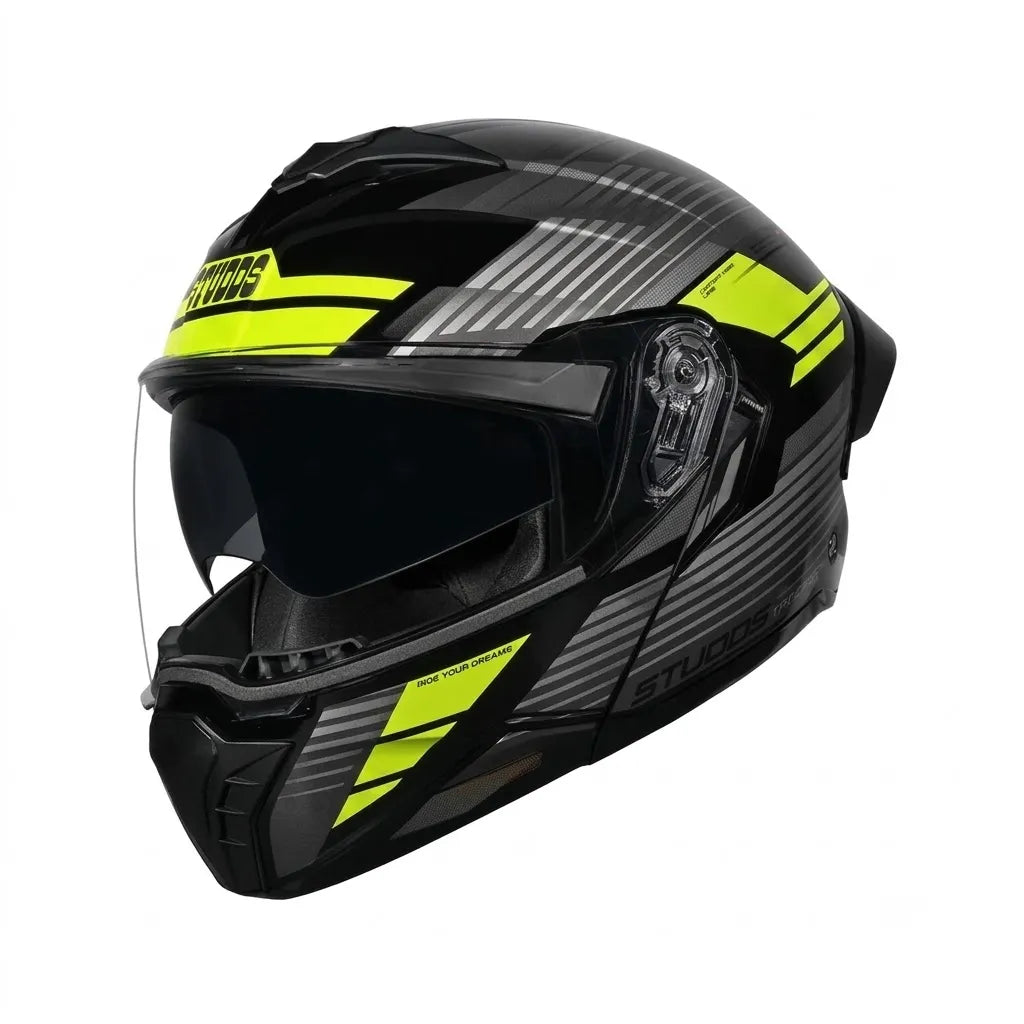 Studds Trooper Trail Black Grey Fluorescent Yellow Flip Up Helmet